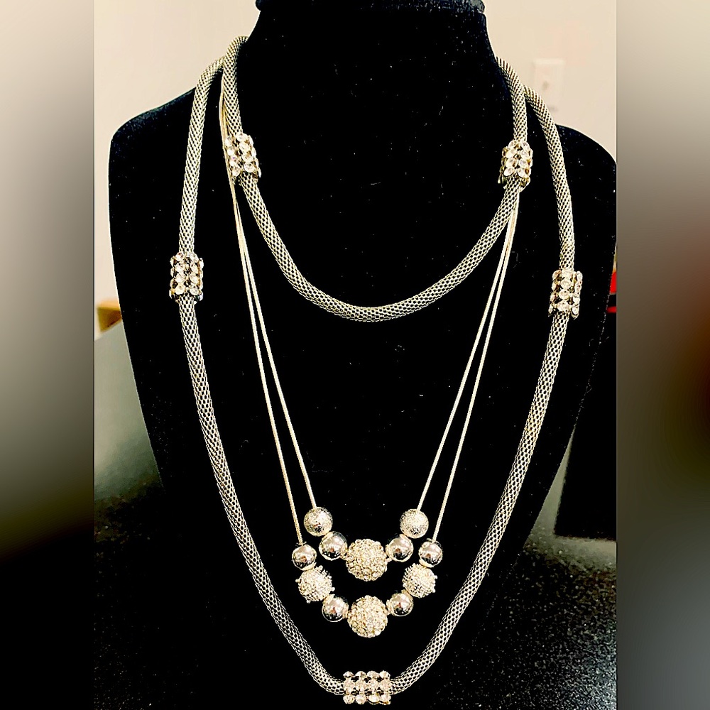 Layered Crystal Embellished Silver-tone Necklace Ensemble